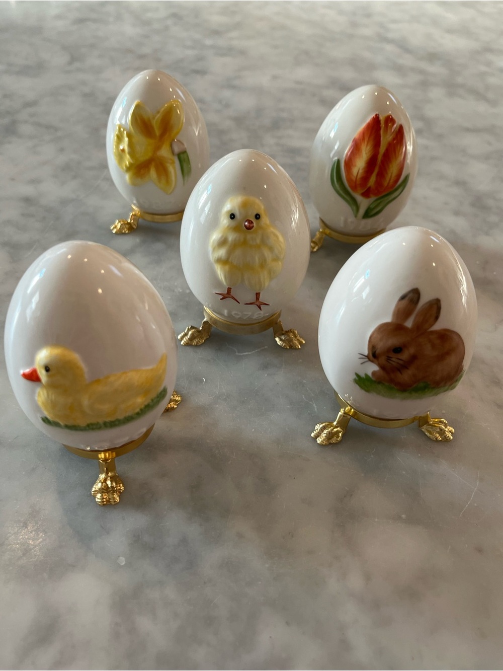 Vintage Goebel Hand-Painted Porcelain Easter Egg Set with Gold Stands